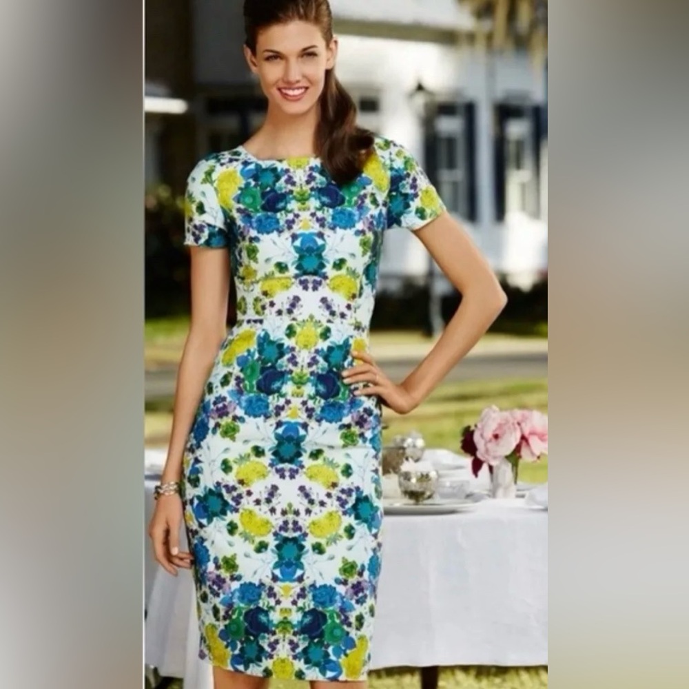 Talbots Mirrored Floral Print Fitted Linen Sheath Dress 4P Blue & Green *EUC*